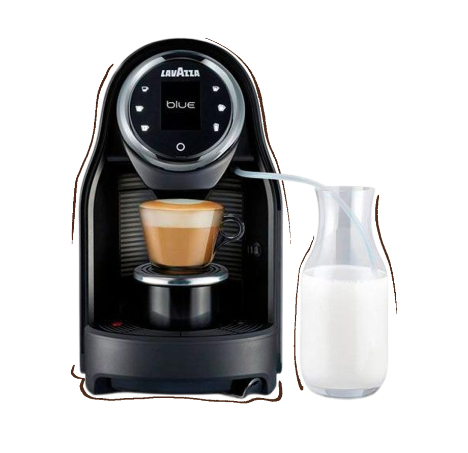 Кавомашина Lavazza Blue з чашкою еспресо та глечиком молока